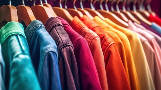 Foto kleding in regenboogkleuren op houten kleerhangers generayive ai