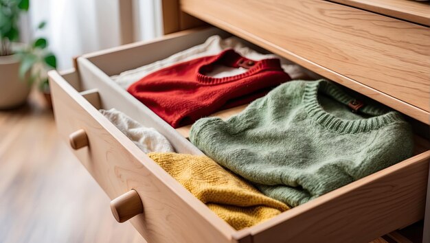 Foto kledingopslagorganisatie garderobe open dressoir lade met kleurrijke gevouwen kleding