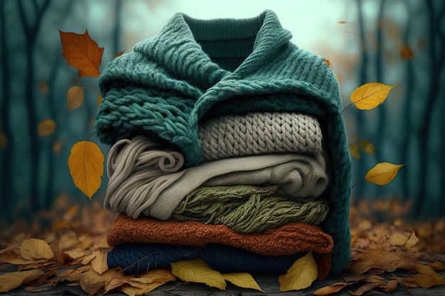 Kledingrecycling Gebruikte kleding Ecologische en duurzame modemouwen van herfstwollen truien verminderen afvalconcept illustratie generatieve ai