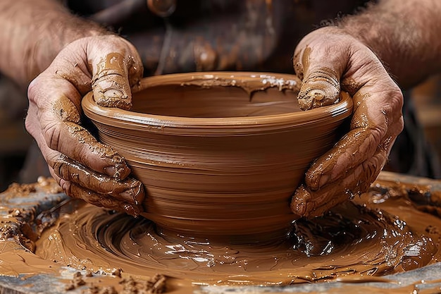 klei op pottenbakker tafel met handen vormen klei pot professionele fotografie