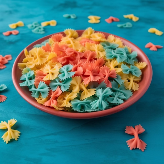 Klei Plaat Van Kleurrijke Rauwe Farfalle Pasta Op Blauw