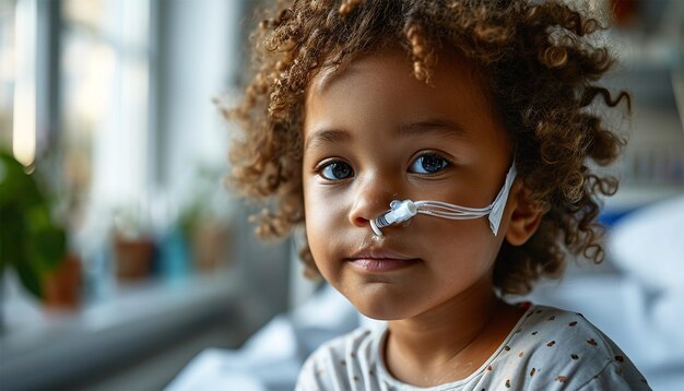 Klein Afro-Amerikaans kind in bed in een ziekenhuiskamer Kind met intraveneuze buis en polsoxymeter in