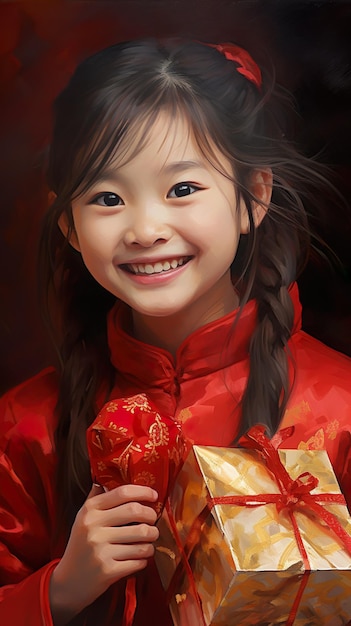 Foto klein aziatisch meisje glimlacht en opgewonden en houdt een rode cadeau doos vast chinees nieuwjaar concept