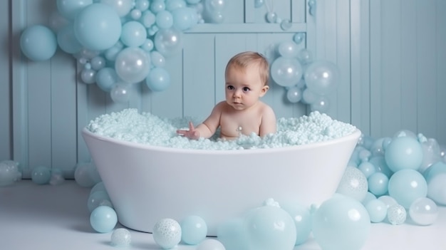 Klein babybadje met schuim en douche