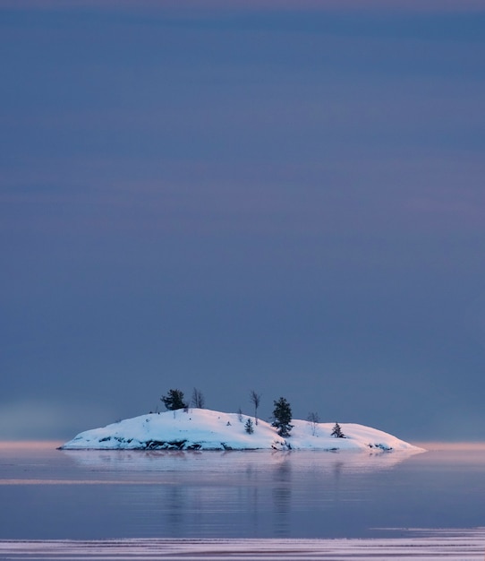 Klein besneeuwd eiland in de winter Ladogameer in Karelië