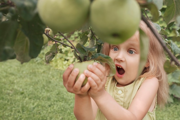 Klein blond meisje in een groene jurk plukt een appel van een boom met bewondering op haar gezicht