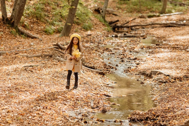 klein brunette Aziatisch meisje in herfstkleren loopt in het herfstbos bij een beekje