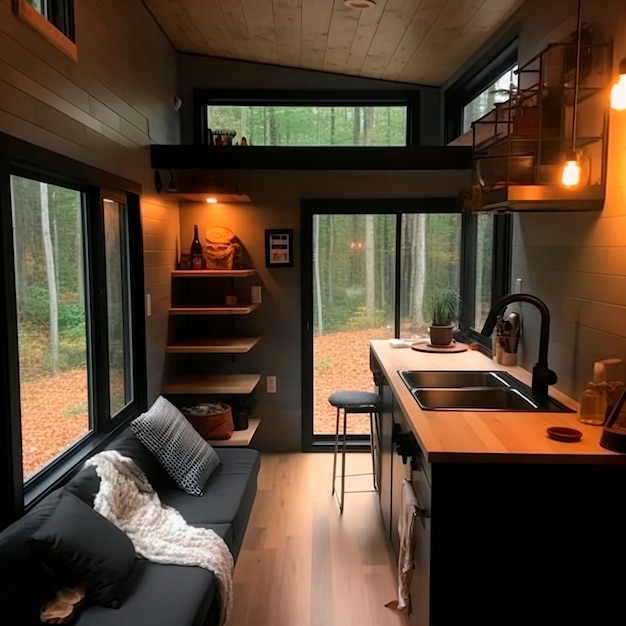 klein containerhuisinterieur met keuken en meubels in het bos