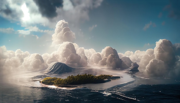 Foto klein eiland met groen bos en slordige berg in oceaan