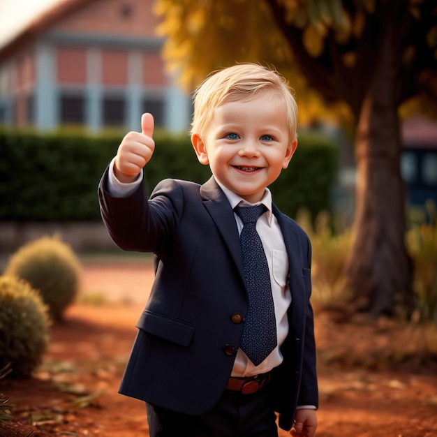 Klein glimlachend kind in een formele zakelijke suite die met zijn duimen de goedkeuring van het bedrijf uitdrukt voor succes