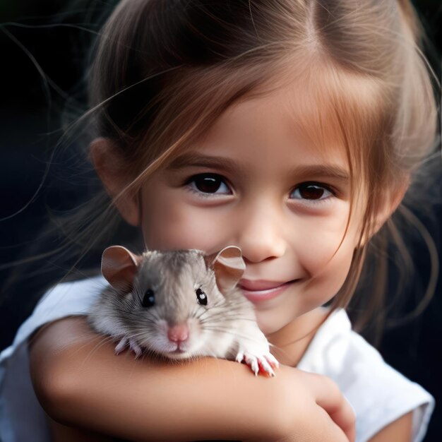 Klein glimlachend meisje dat een hamster vasthoudt