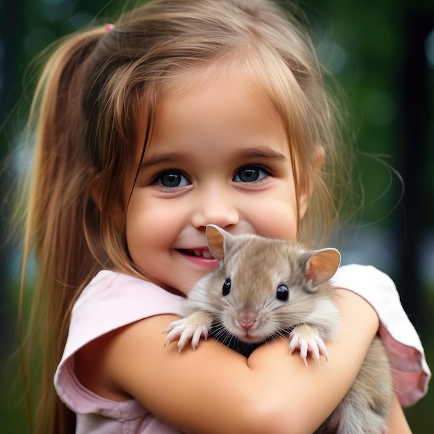 Klein glimlachend meisje dat een hamster vasthoudt