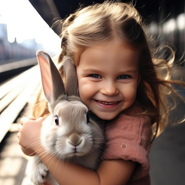Foto klein glimlachend meisje dat een konijn vasthoudt