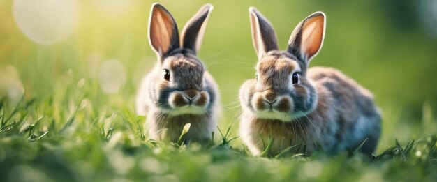 Foto klein hersteld konijn op het groene gras dat bladeren eet in de zomer paasfeest paaskonijn in de tuin mooi huisdier pluizige dierlijke vacht thuis vreugde lente natuur