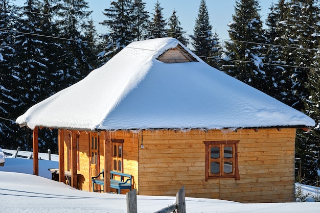 Klein houten huis bedekt met verse gevallen sneeuw omgeven door hoge pijnbomen in de winterbergen.