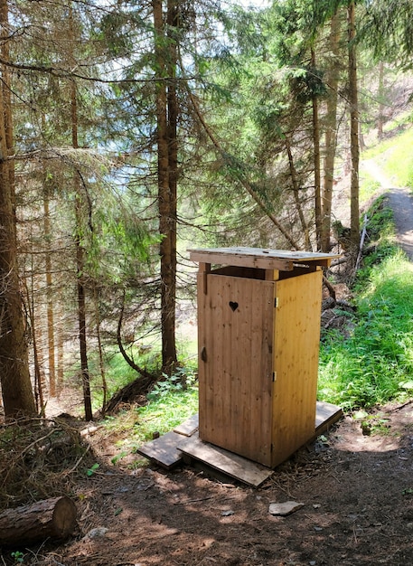 Klein houten toilet in de bossen van de Alpen in OOSTENRIJK