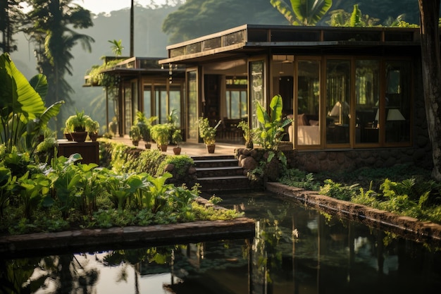 Klein huis omringd door de sereniteit van groene rijstvelden visvijvers en groentetuinen