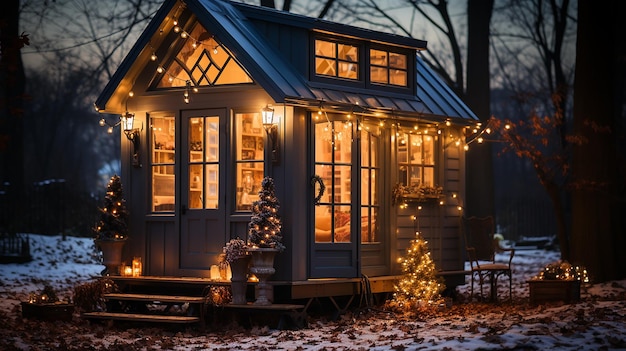 Klein huis op achtergrond van kerstverlichting in de nacht