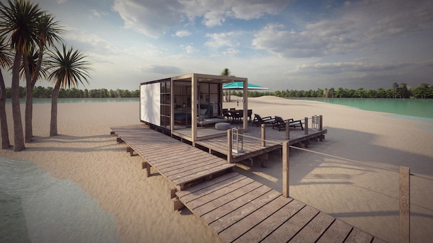 Foto klein huis op het strand met houten dek 3d illustratie