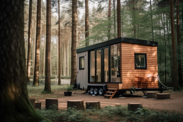 Klein huis op wielen geparkeerd in een rustig bos gemaakt met generatieve AI