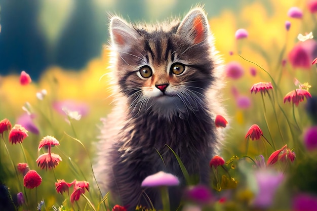 Klein katje in gras en bloemen Generatieve AIxA