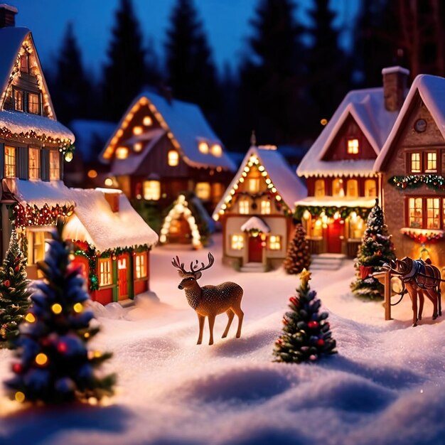 Klein kerstdorpje heldere glinsterende sneeuw heldere kleuren