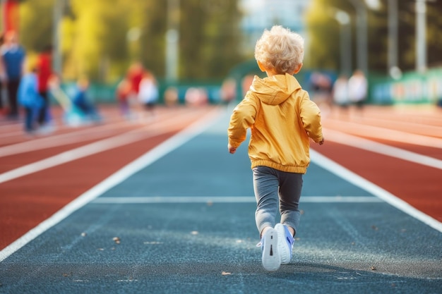 Klein kind dat op een atletiekbaan loopt