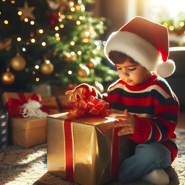 klein kind in de kerstman hoed met geschenken
