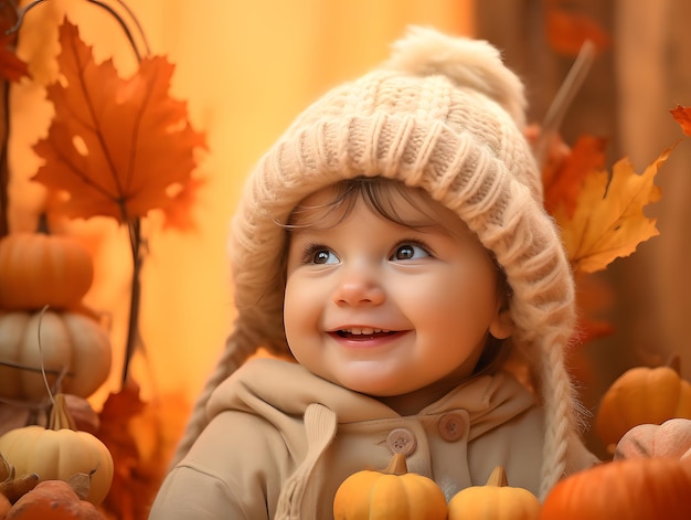 Klein kind in een herfstpark met pompoen