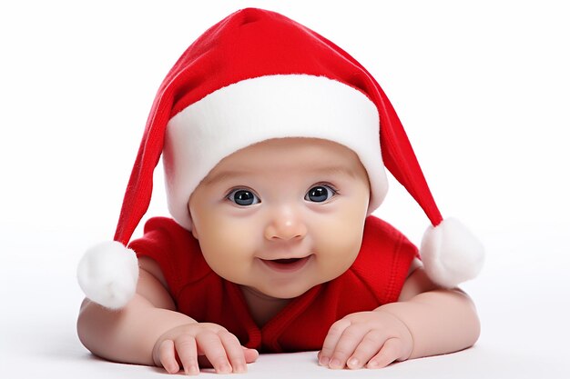 klein kind in kerstman kostuum op witte achtergrond