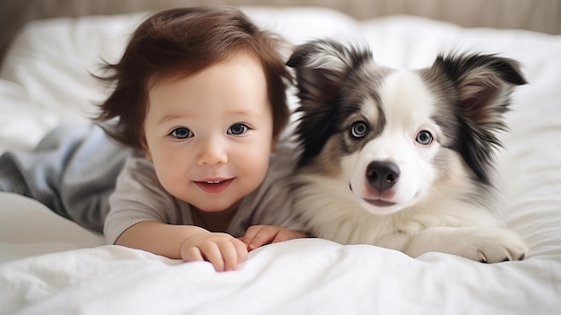 Klein kind ligt op een bed met een hond Hond en schattige baby jeugdvriendschap