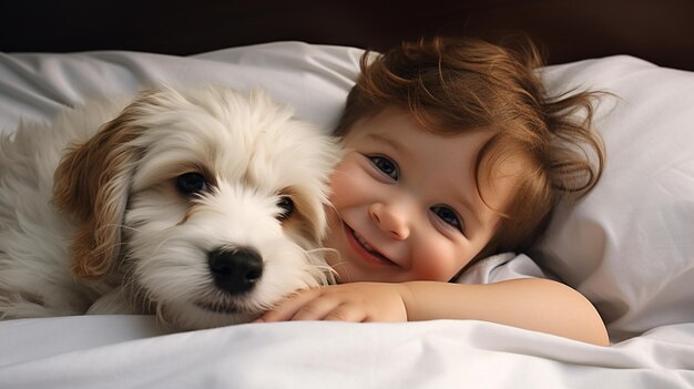 Klein kind ligt op een bed met een hond Hond en schattige baby jeugdvriendschap