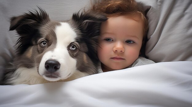 Klein kind ligt op een bed met een hond Hond en schattige baby jeugdvriendschap