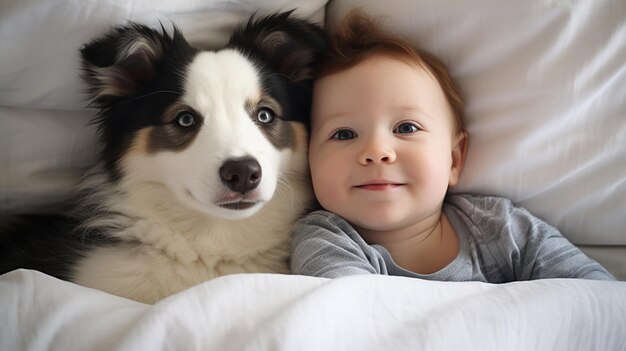 Foto klein kind ligt op een bed met een hond hond en schattige baby jeugdvriendschap