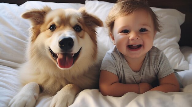 Foto klein kind ligt op een bed met een hond hond en schattige baby jeugdvriendschap