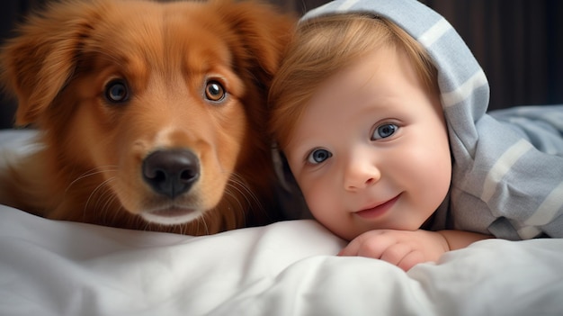 Foto klein kind ligt op een bed met een hond hond en schattige baby jeugdvriendschap