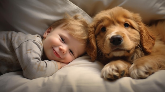 Foto klein kind ligt op een bed met een hond hond en schattige baby jeugdvriendschap