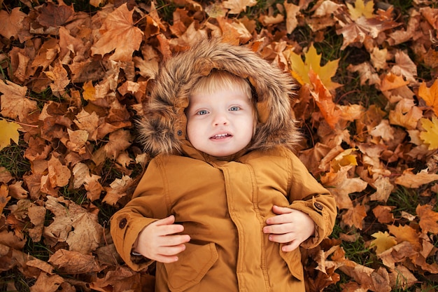 Klein kind ligt op gebladerte in de herfst in het park