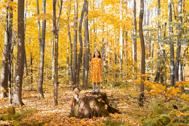 Klein kind meisje met herfst oranje bladeren in een park levensstijl herfst seizoen en kinderen concept