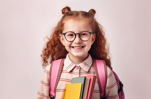 Klein kind met boeken die een rugzak vasthouden en glimlachen