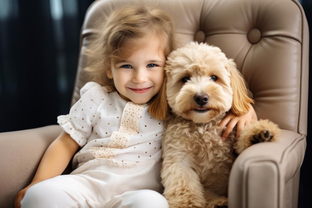 Klein kindmeisje met schattige puppy in fauteuil Glimlachende mooie hondenvriend Genereer ai