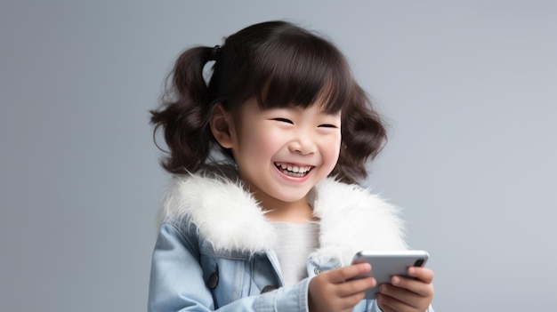 Klein lachend meisje met een mobiele telefoon op een gekleurde achtergrond.