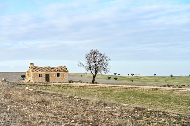 Klein landelijk huis in de graanvelden van het Geopark van Granada