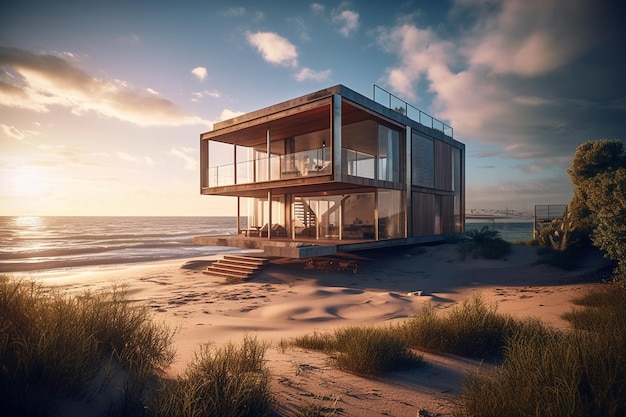 Klein luxe modern strandhuis Strandhuis Moderne architectuur Villa aan zee generatief