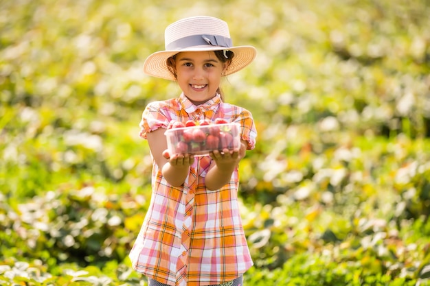 klein meisje aardbeien plukken in het veld