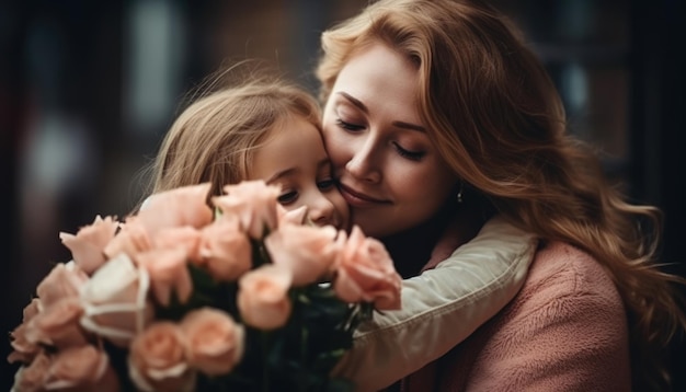 Foto klein meisje dat bloemen vasthoudt, haar moeder omhelst en moederdag viert generatieve ai