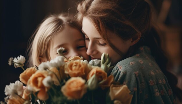 Klein meisje dat bloemen vasthoudt, haar moeder omhelst en moederdag viert Generatieve AI