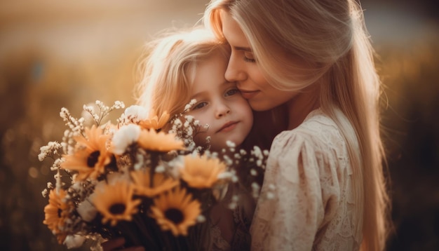 Klein meisje dat bloemen vasthoudt, haar moeder omhelst en moederdag viert Generatieve AI