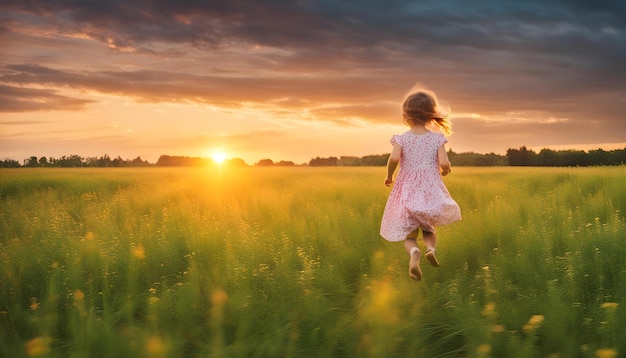 klein meisje dat in een veld loopt bij zonsondergang