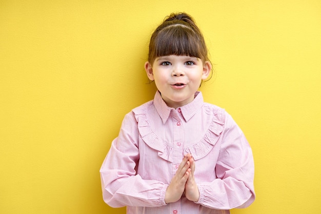 Foto klein meisje dat smeekt om iets te kopen, vraag iets lief kind in roze blouse, houd handen bij elkaar geïsoleerd op